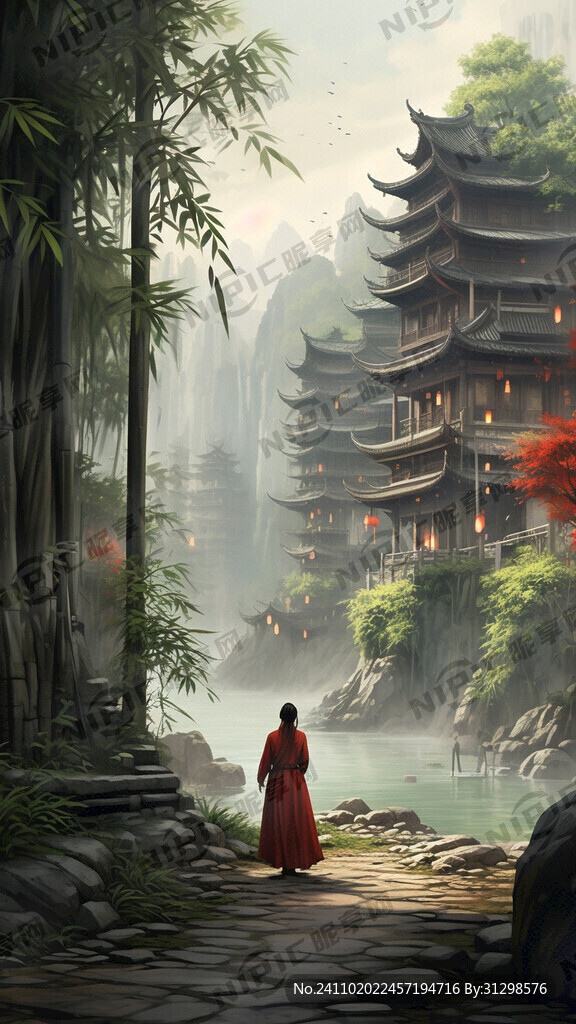 古村 竹林 土路 酒旗 江边