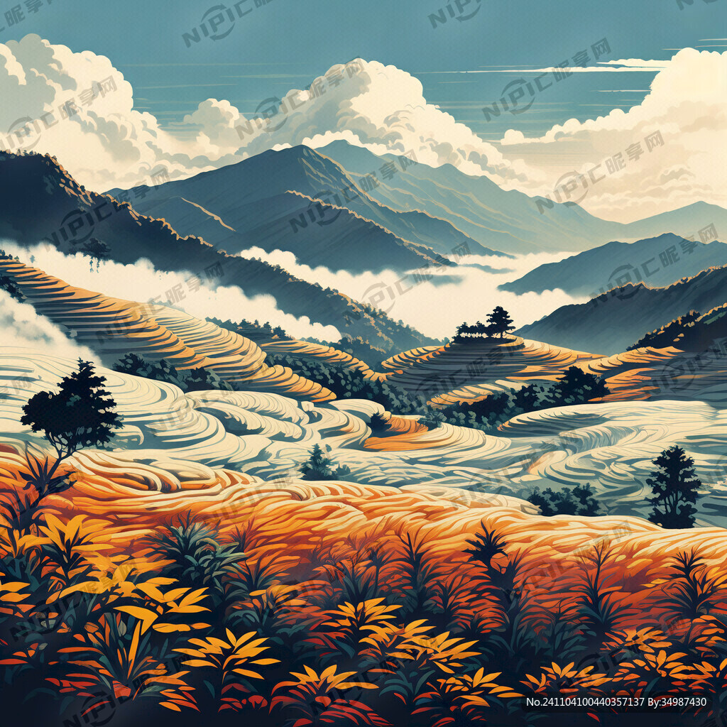 高山梯田里插秧为前景