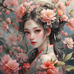古风动漫少女，唯美春日花神，面容精致，毛发精致，3D 立体，花朵盛开，CG，超细节，超高清，水彩画