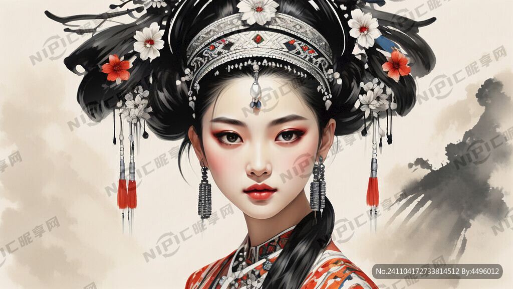 苗族 少女 民族头饰 正面照
