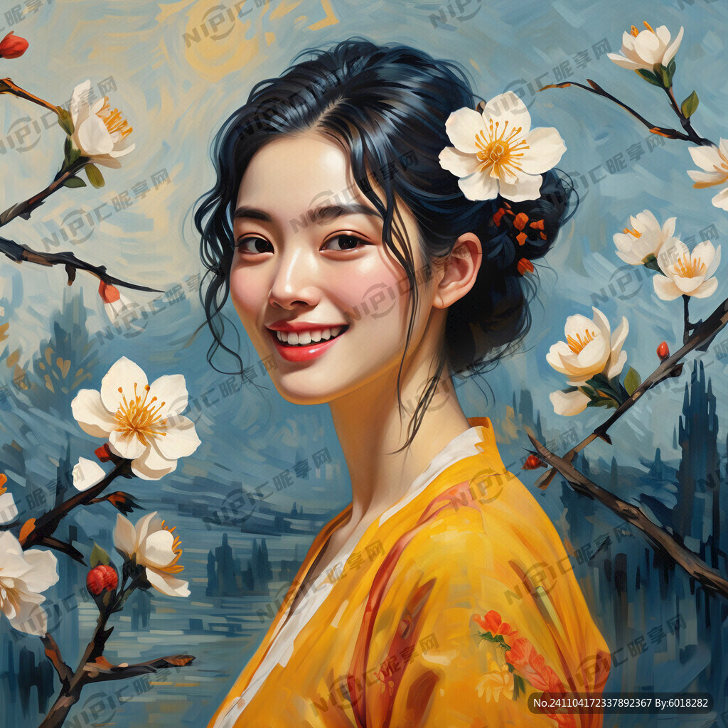 梵高杏花 女性头像 笑容灿烂