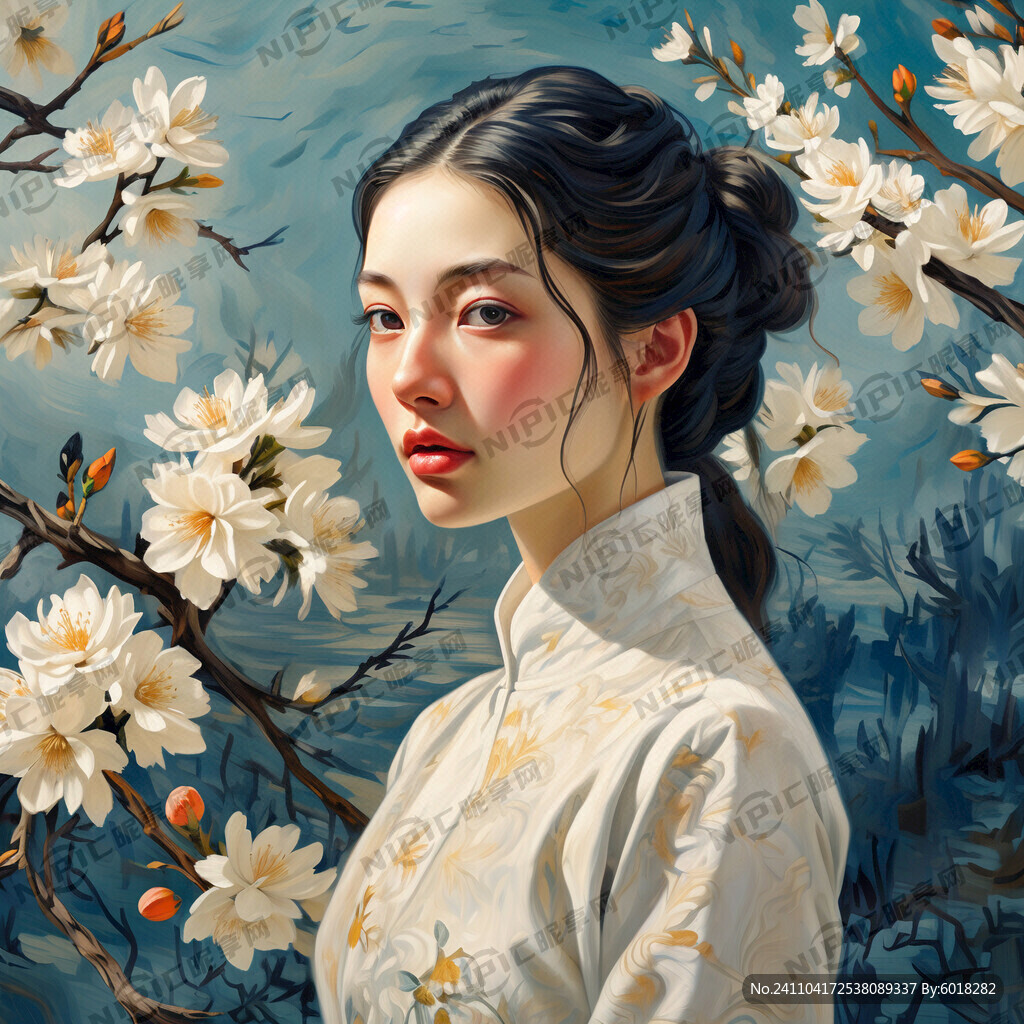 梵高 白色杏花 女性头像