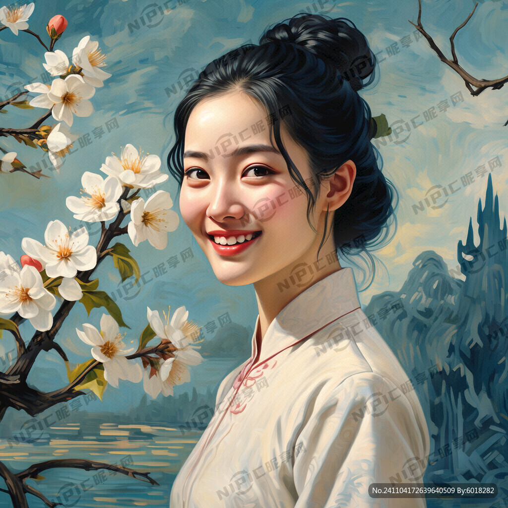 梵高 白色杏花 女性头像 微笑