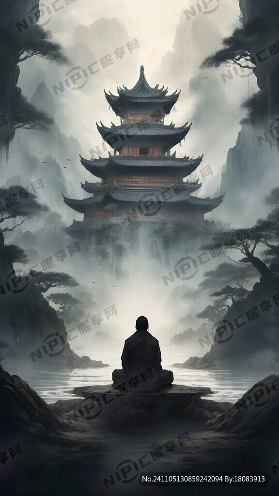 中国禅寺山水画背景