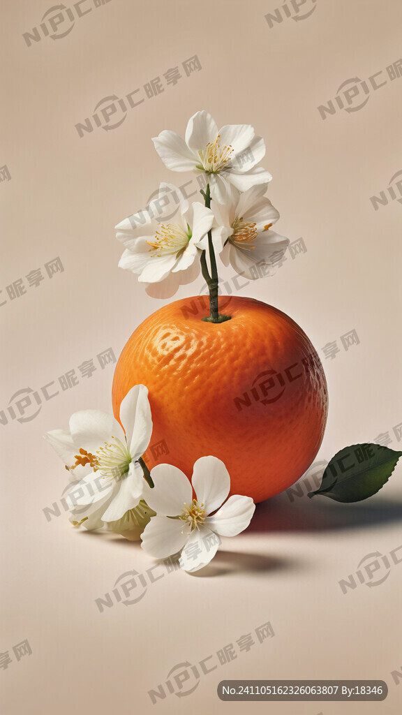 一颗脐橙和一朵白色橙子花