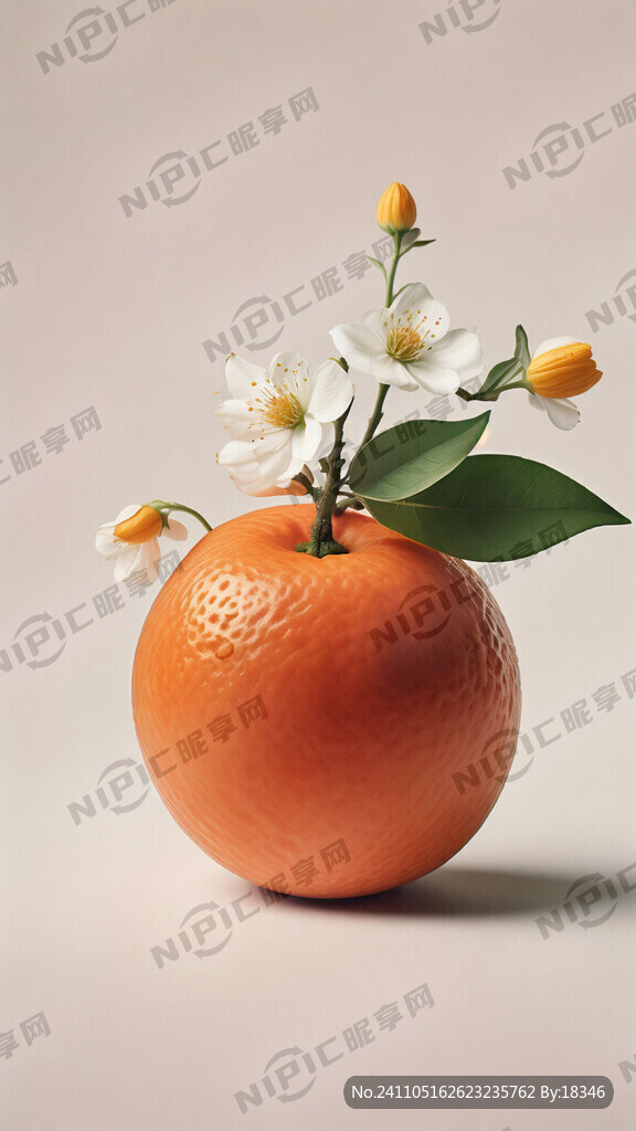 一颗脐橙和一朵白色橙子花