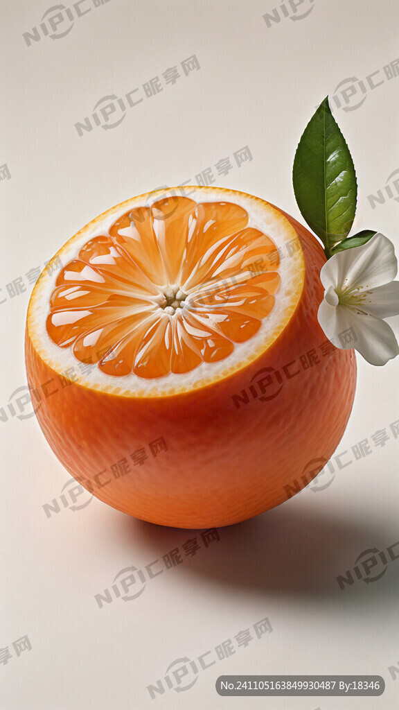 一颗光滑果皮脐橙和一朵白色橙子