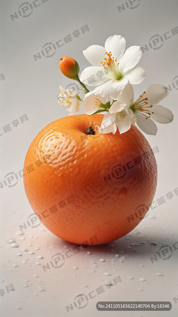 一颗细腻光滑果皮脐橙和一朵白色
