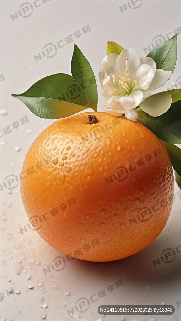 一颗细腻光滑果皮脐橙和一朵白色