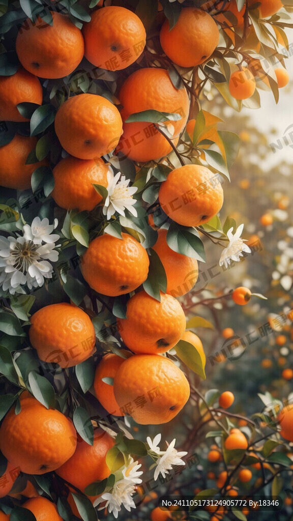 一棵脐橙树上结满橙了和开满了白