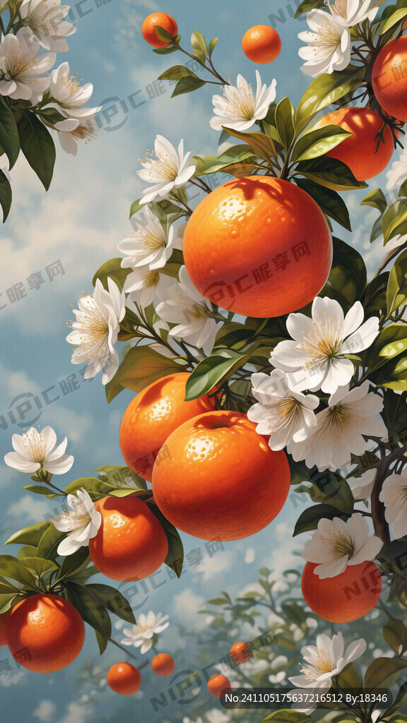 脐橙树上结了一个橙子和一朵白色