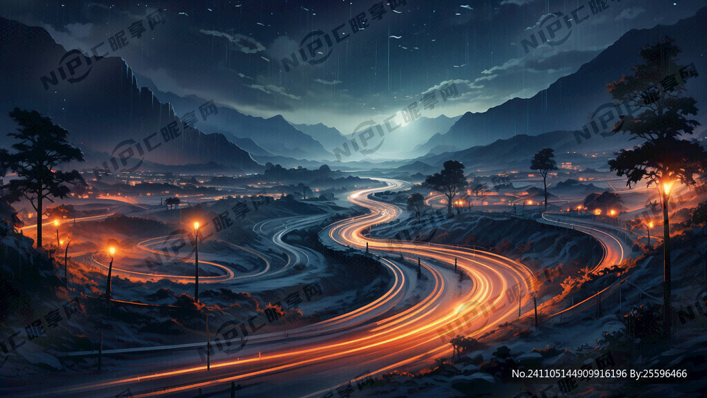 晚上 蜿蜒马路 路灯 远处光明