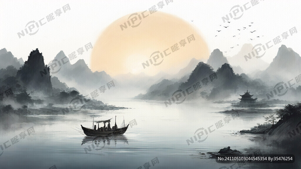 渔船出海、左边山、右边小镇、