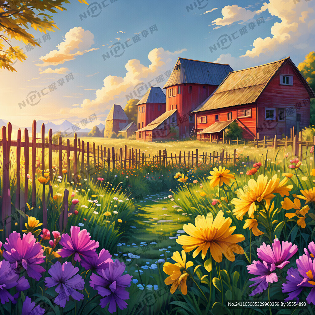 有红色谷仓和绿草地背景