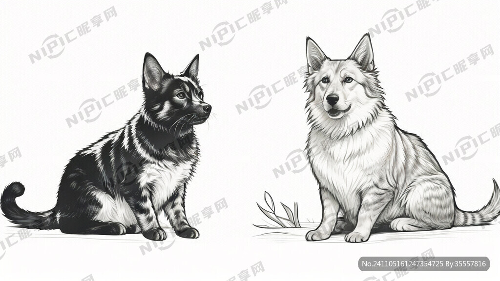 猫和狗 线条图