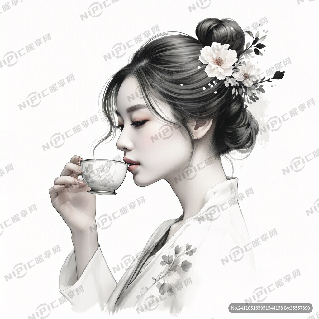 手绘 短发美女 喝茶 中国元素