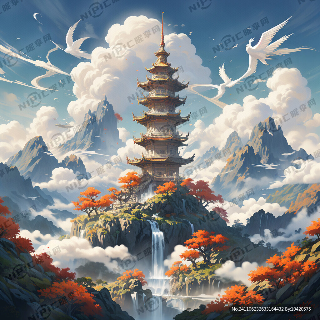 云 山峰 鹤 塔 流水 果林