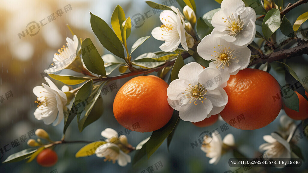 树枝的脐橙和一朵白色橙子花