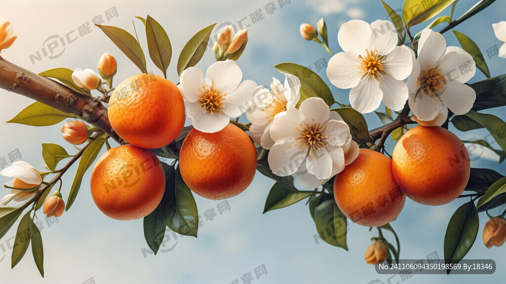 树枝的一个脐橙和一朵白色橙子花