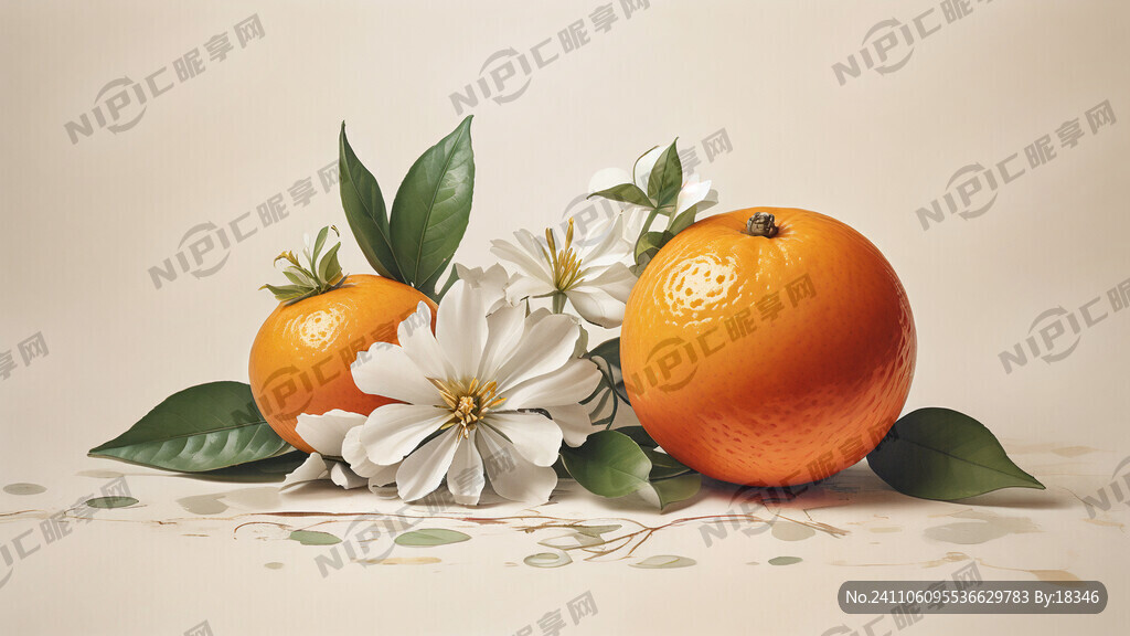 一个脐橙和一朵白色橙子花构成一