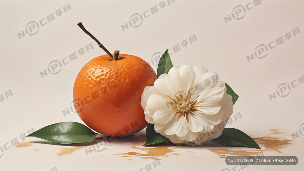 一个脐橙和一朵白色橙子花构成一