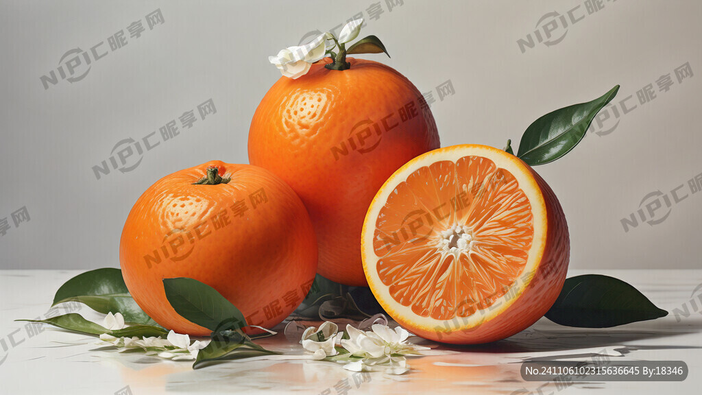 脐橙和一朵白色橙子花构成一幅美