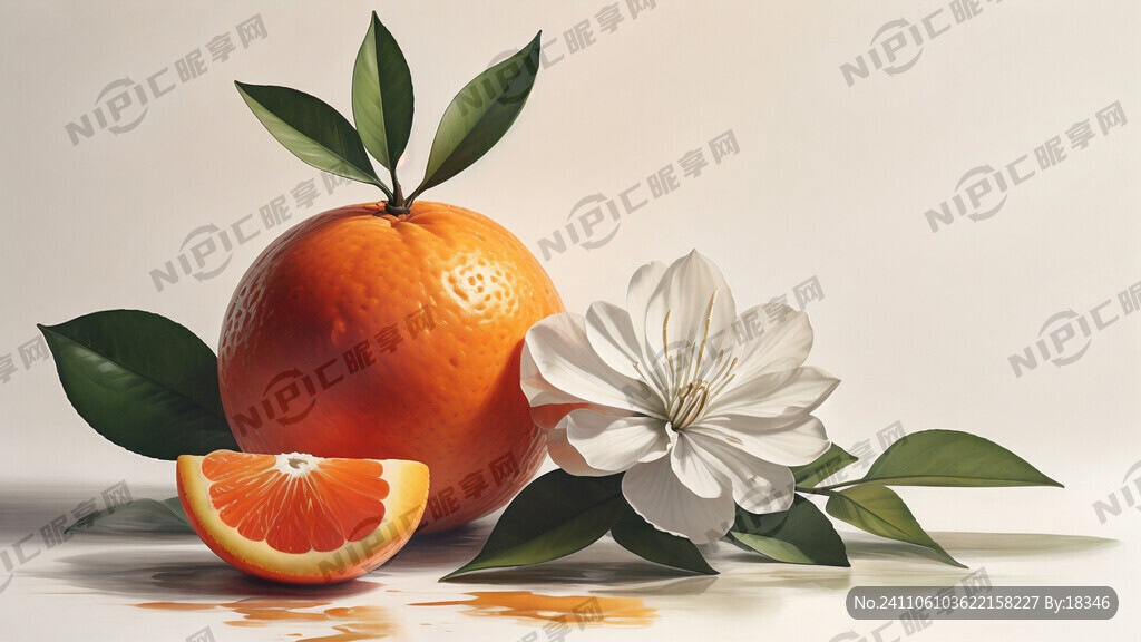 脐橙和一朵白色橙子花构成一幅美