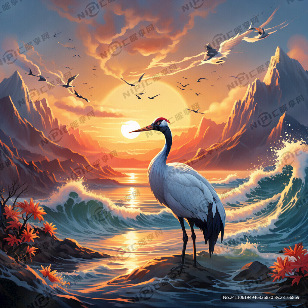 山 海浪 鹤 卡通 太阳