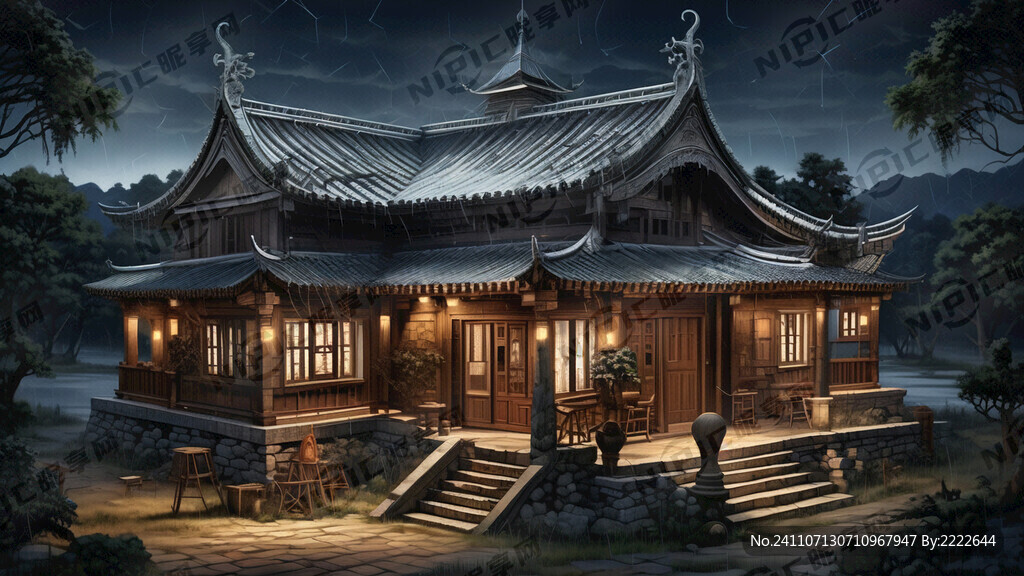夜晚的古代房屋