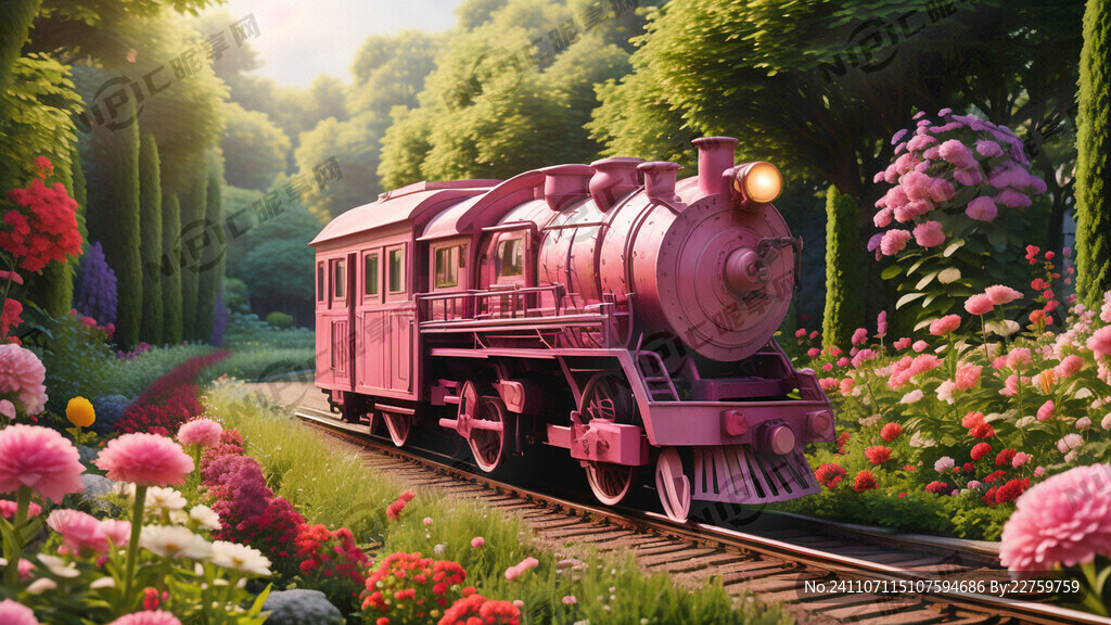 侧视图可爱粉色火车在花园里面行