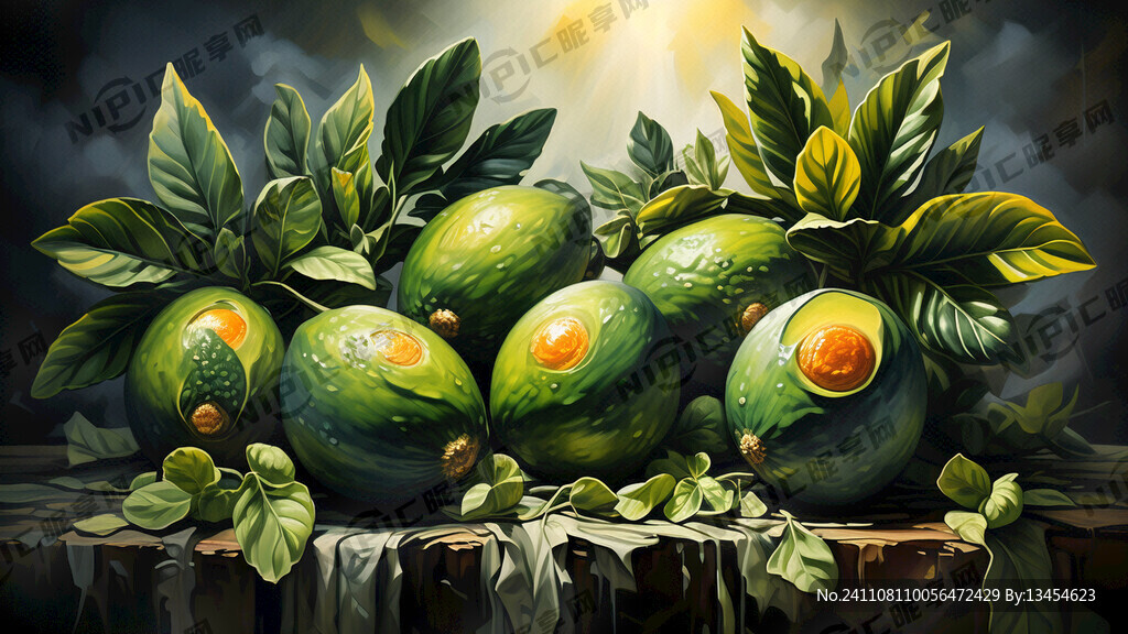 牛油果 绿叶 排列 油画效果