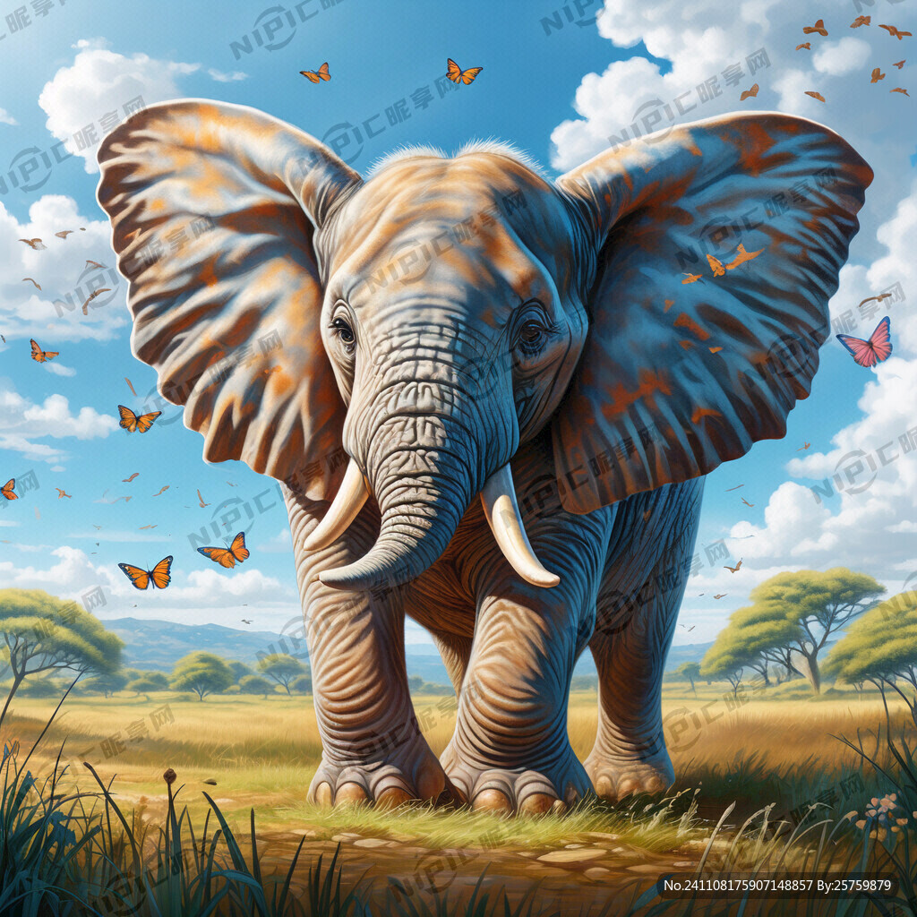 小象 蝴蝶 蓝天