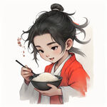 亚洲小男孩，黑色长发，左手托着一碗白米饭，右手拿着筷子往嘴里夹饭，全景，正面光，满足。