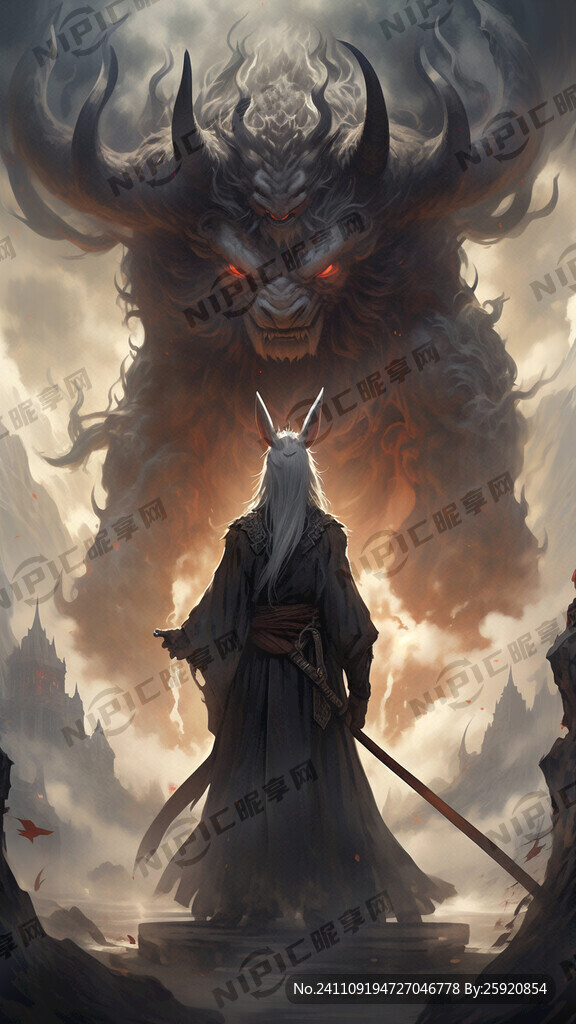 兔子面对高大的牛魔王 暗黑风格