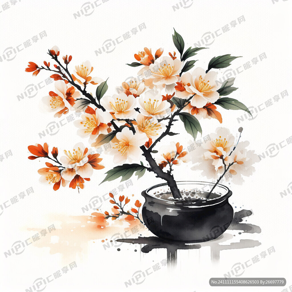 水彩桂花中国风泼墨矢量
