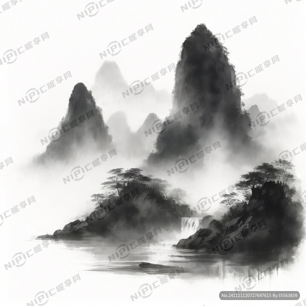 庐山秀峰瀑布水墨图