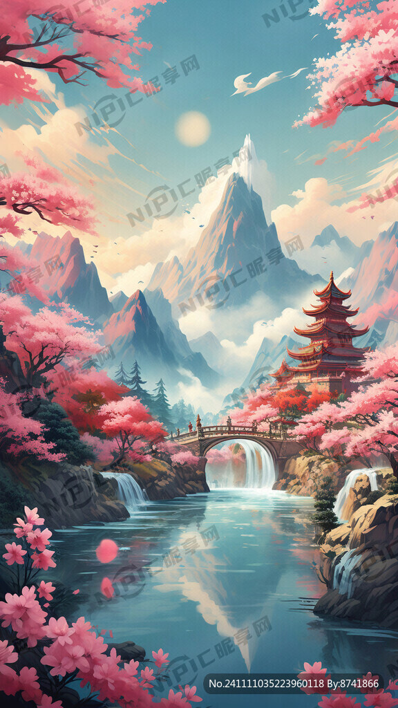 瀑布河流 山川河流 樱花春天