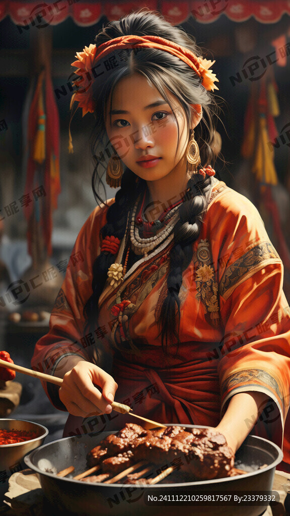 藏族卓玛穿着藏服 炭火烧烤在