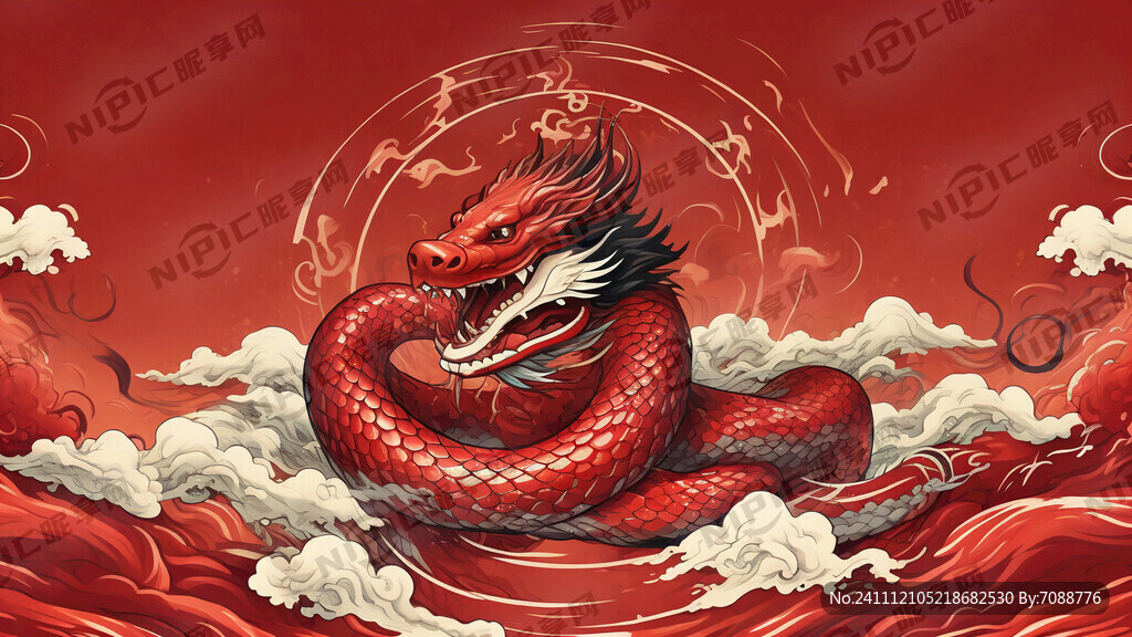 卡通蛇 红色底 国潮风