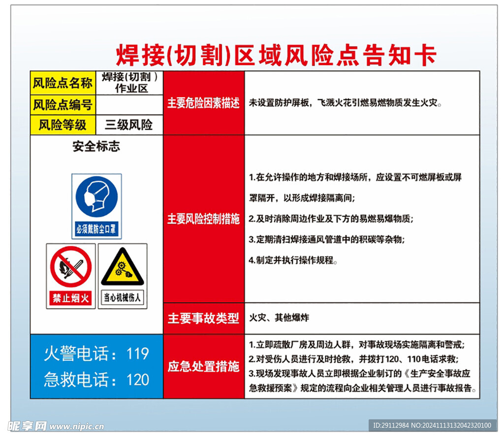 焊接切割风险告知卡  危险区域