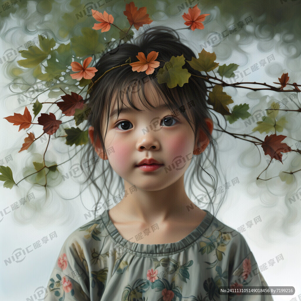 清纯女孩头顶盘一圈树叶小女孩舌