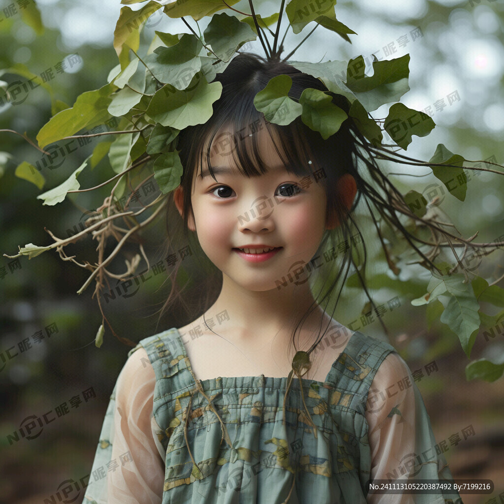 清纯女孩头顶盘一圈树叶小女孩舌