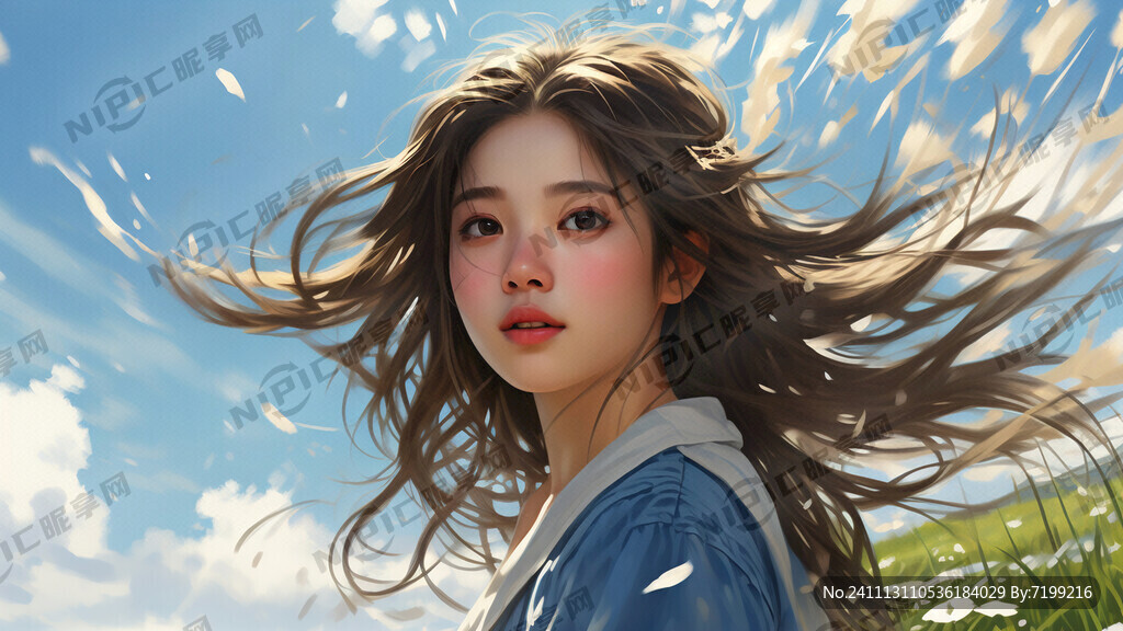 女孩清纯 蓝天白云 草地 春天