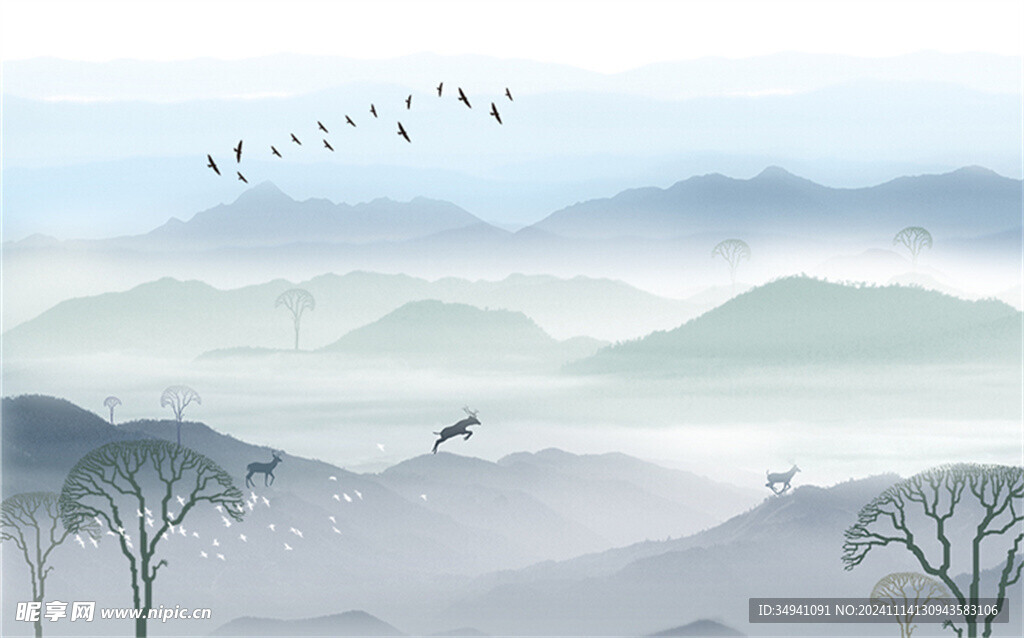 水墨山水简约背景客厅装饰画