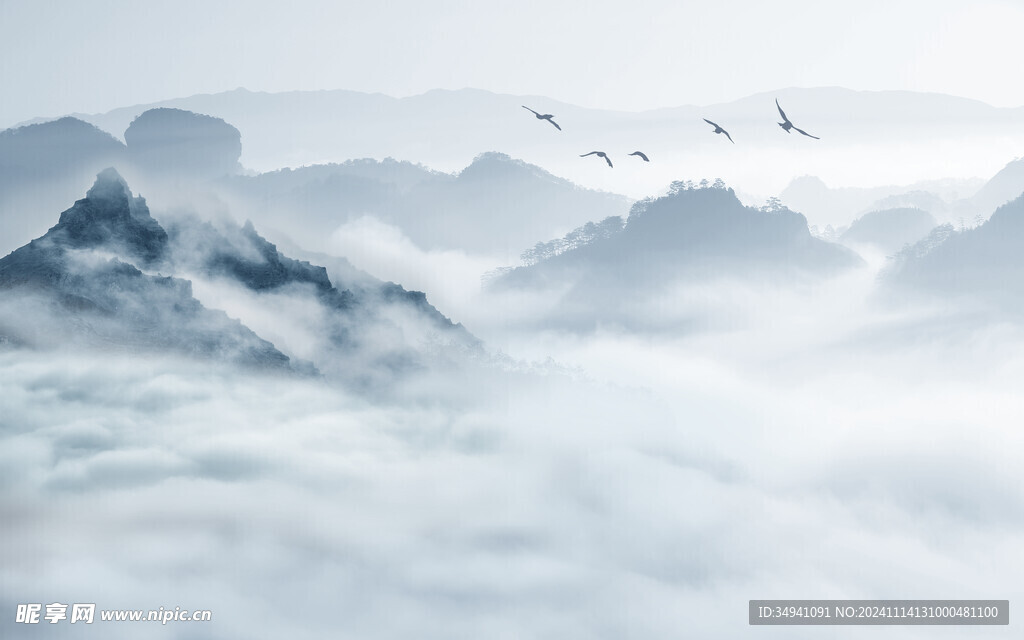水墨山水简约背景客厅装饰画