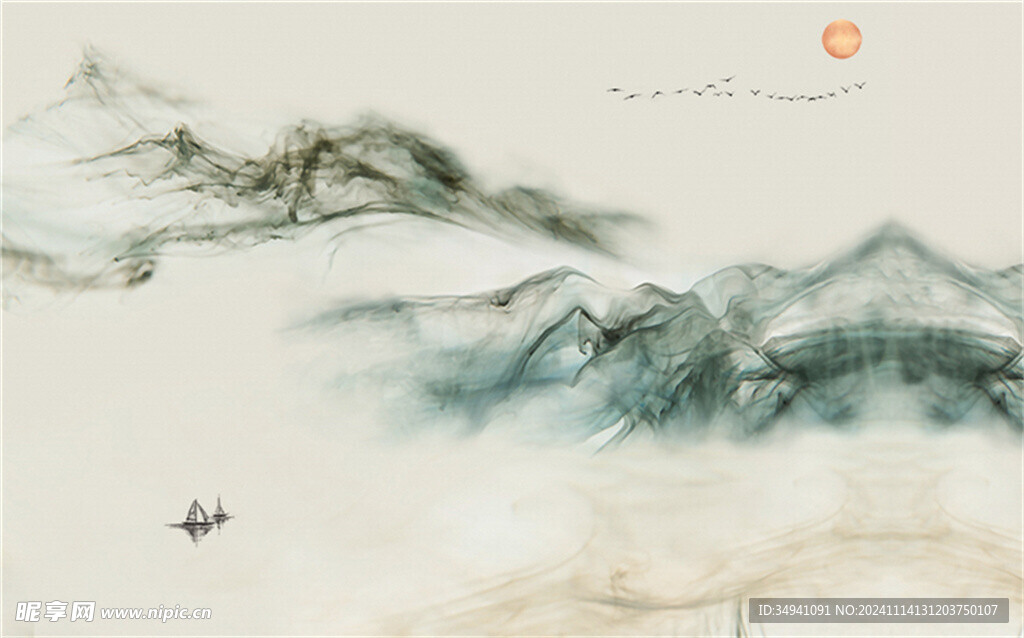 树 山水 太阳 鸟群 风景