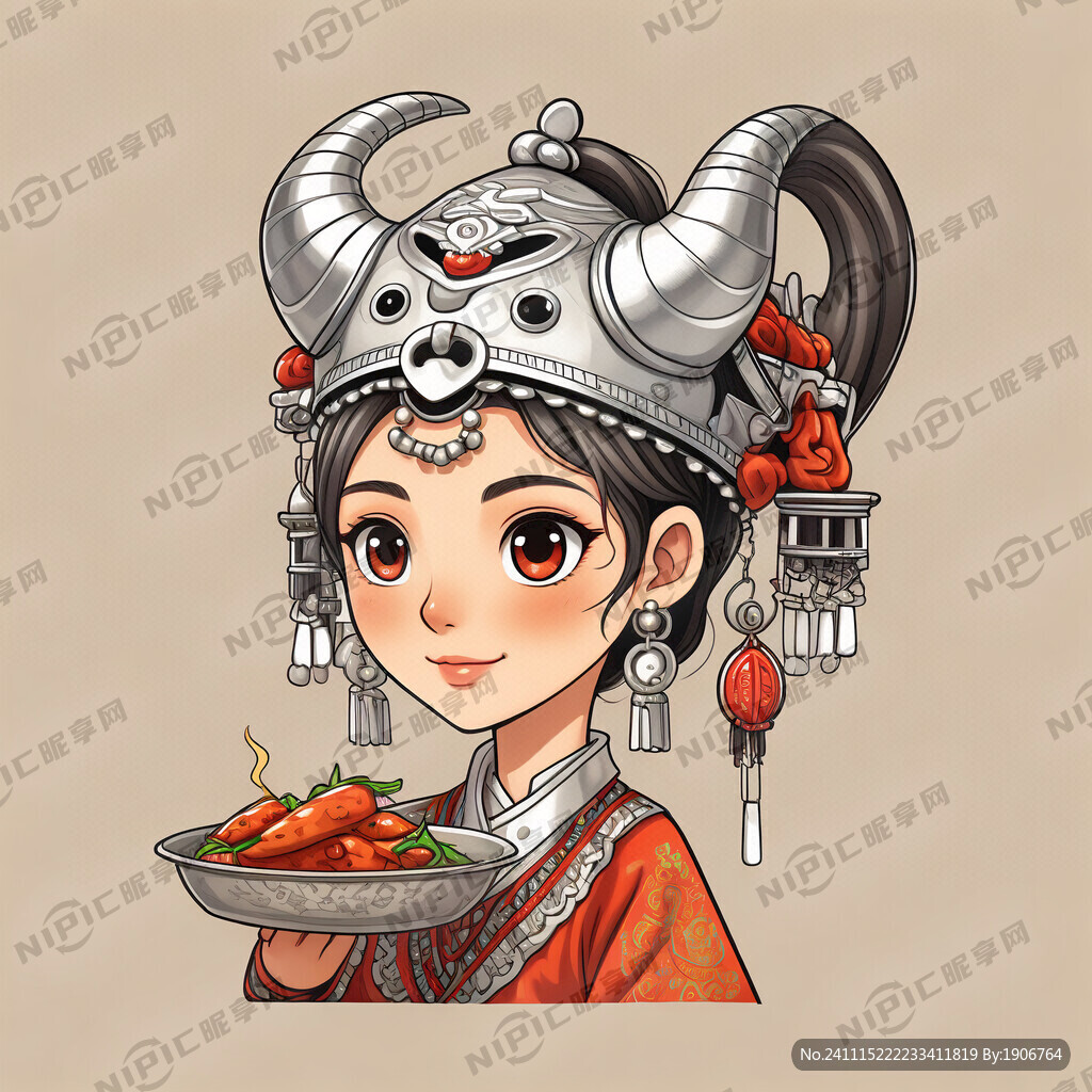 用卡通风格画一个苗族姑娘形象
