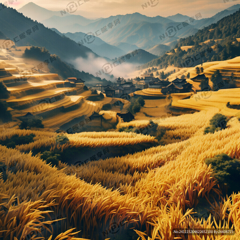 前面是金黄稻田 背景是青山云雾