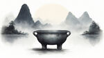 大克鼎在画面左下方，背景是中国风的淡色起伏山脉。背景是淡蓝色天空