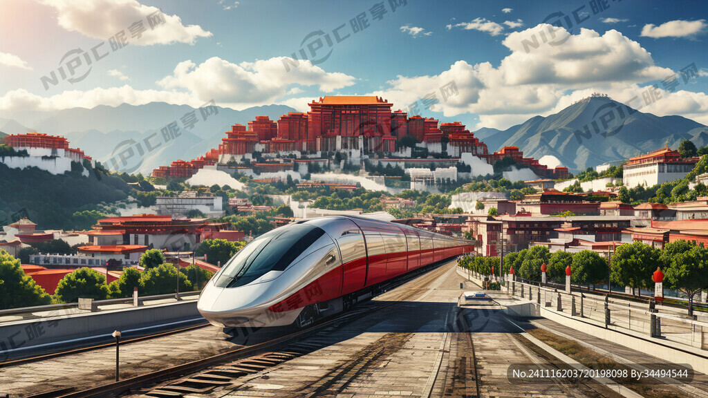 上海的高楼大厦的背景前高铁车走